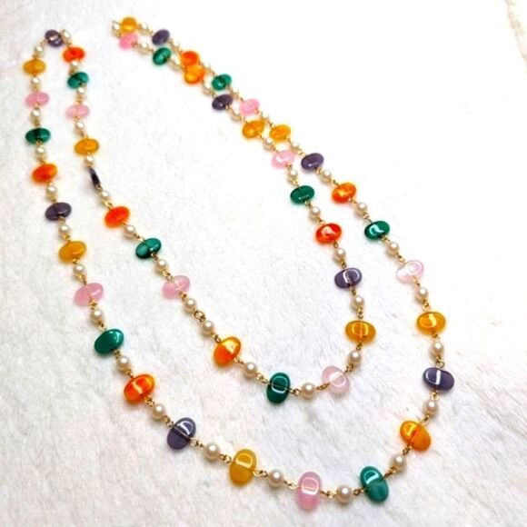 Vintage Natural Stone/Quartz Necklace w/ Faux Pearl Accents - 48" Long - Picture 3 of 8